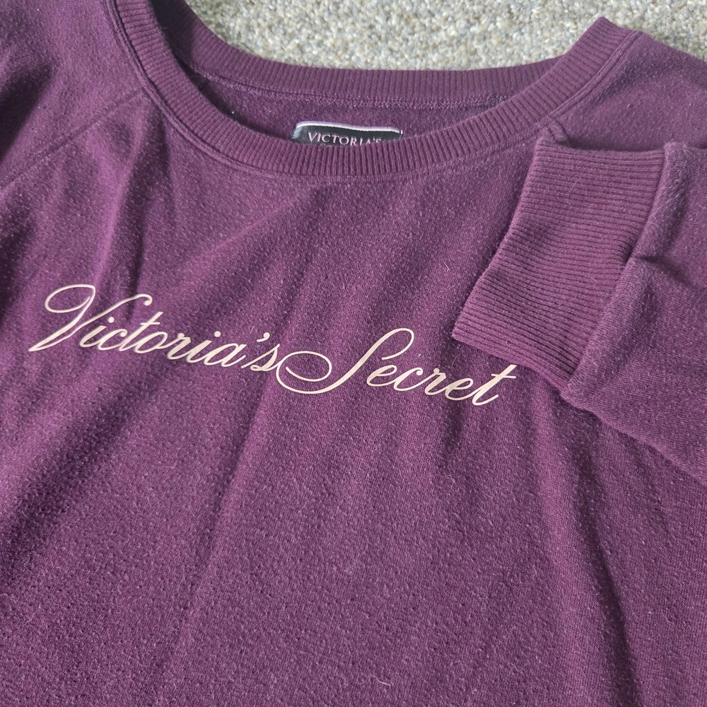 Victorias Secret Womens XL Purple Script Logo Raglan Fleece Pullover Sweatshirt